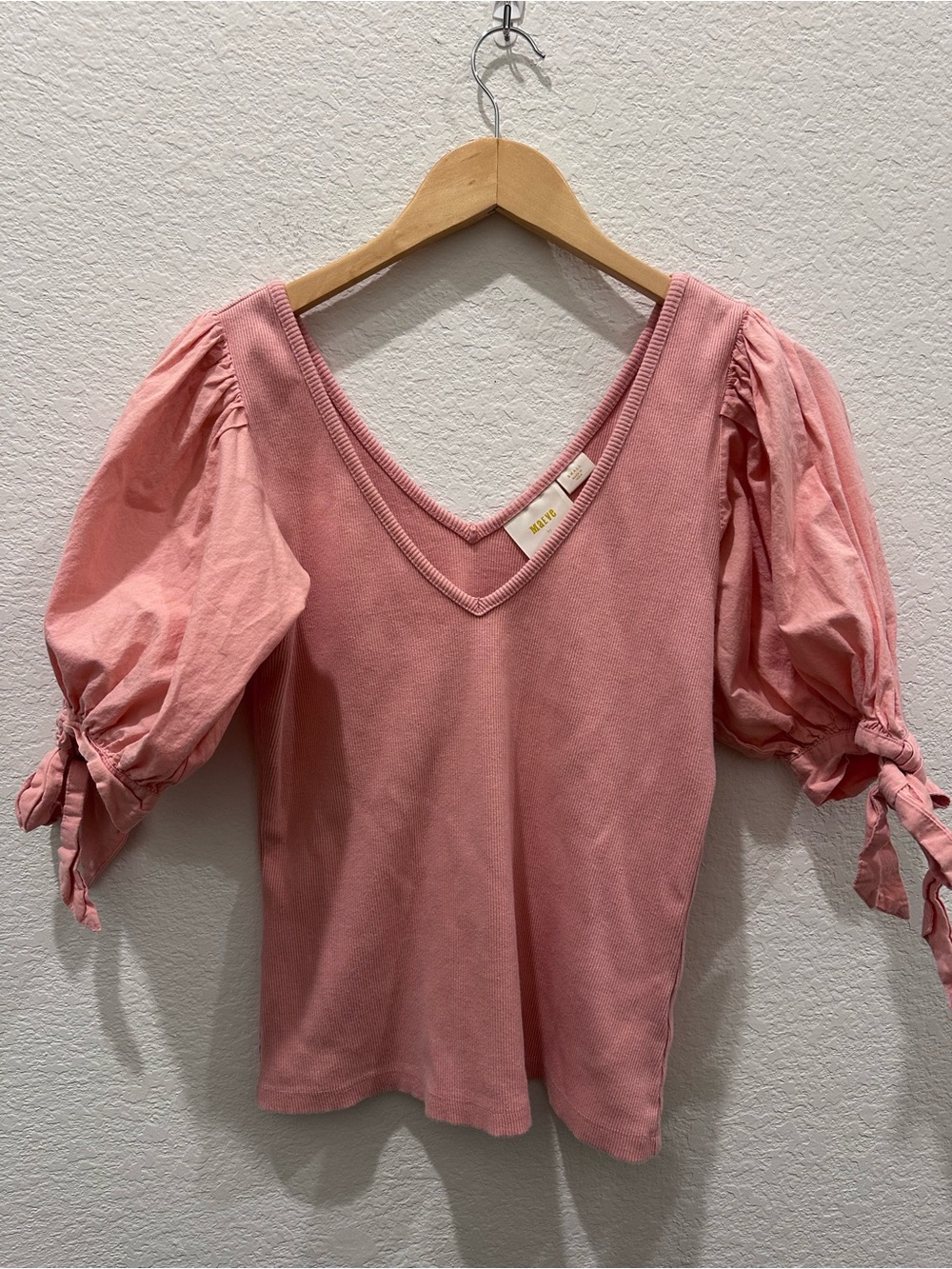 Maeve Anthropologie Pink Ribbed V-Neck Puff Sleeve Tie Cuff Top Small Womens